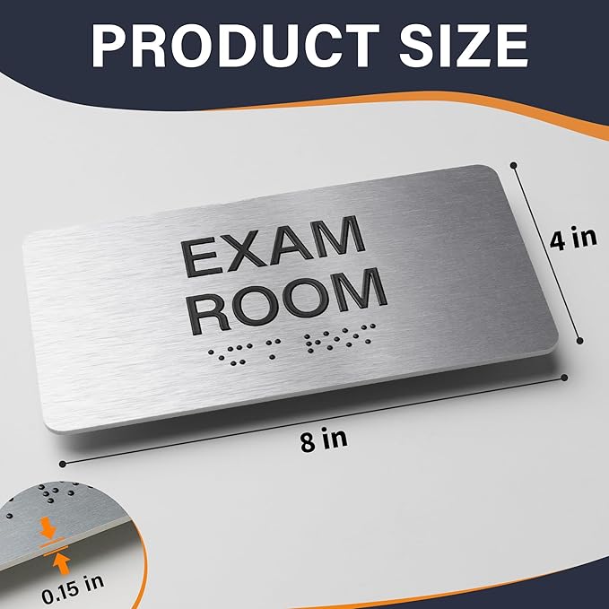 Exam Room Signs with Raised Text & Grade 2 Braille –,Easy Installation with Adhesive Pad – Brushed Aluminum/Silver Finish Easy Install with Double-Sided Tape