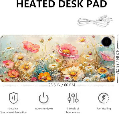 Heated Mouse Pad with 3 Levels Heated & 3 Hours Auto Shut-Off Mouse Pad for Warming Hands in Office Home, 23.6" x 14.2"Large Safe Desk Mat Hand Warmer，Colorful Flowers