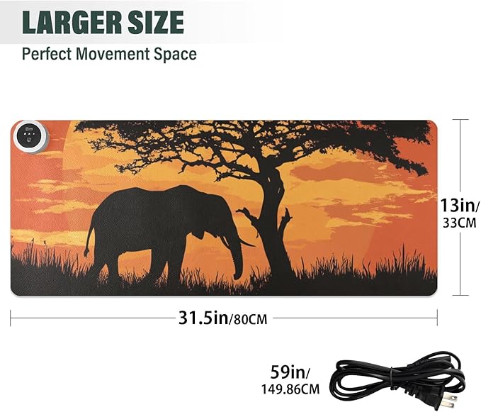 Heated Desk Pad Mouse Pad 31.5x13 Inch PU Leather Desk Mat with 3 Heat Levels Large Mouse Gaming Computer Laptop Mat Elephant Silhouette Sunset Red
