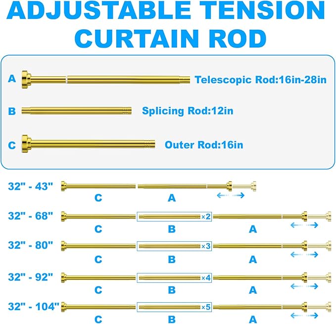 TEECK Shower Curtain Rod, 32-104 inch Adjustable Spring Tension Curtain Rod, Never Rust Anti-Slip Shower Curtain Rod for Bathroom, No Drilling, Never Collapse, Easy to Use, Gold