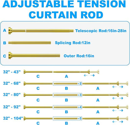 TEECK Shower Curtain Rod, 32-104 inch Adjustable Spring Tension Curtain Rod, Never Rust Anti-Slip Shower Curtain Rod for Bathroom, No Drilling, Never Collapse, Easy to Use, Gold
