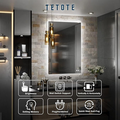 TETOTE 24 x 36 Inch LED Mirror Backlit Bathroom,Anti-Fog Mirror with Light,Dimmable,CRI90+,IP54 Water Proof,Wall Mounted Vanity Lighted,Horizontal/Vertical
