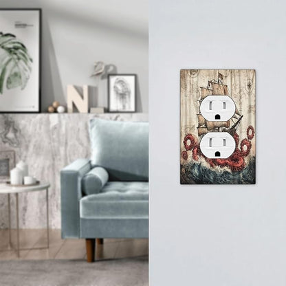 Outlet Covers Vintage Octopus Ocean Sailboat Bizarre Adventure 1 Gang Duplex Electrical Receptacle Faceplate Light Switch Cover Wall Plate Decorative Switch Plates for Bathroom Kids room Decor