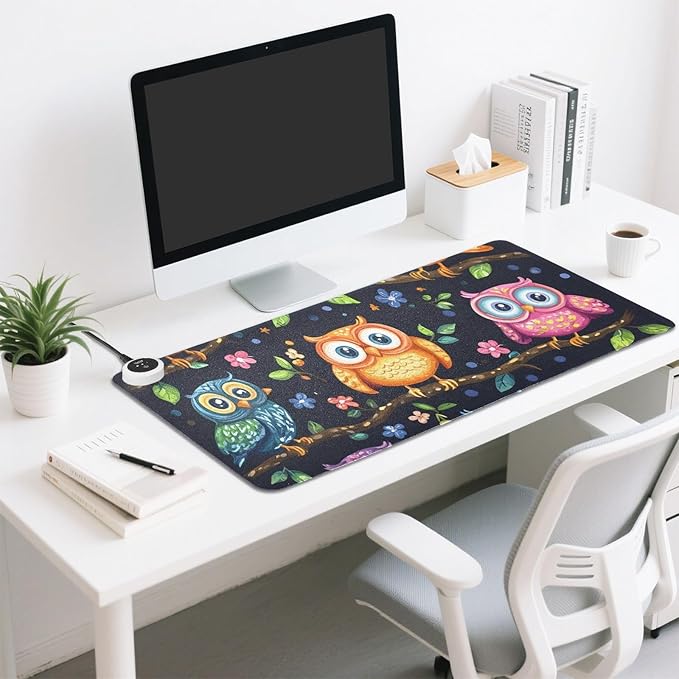 Heated Desk Pad Mouse Pad 31.5x13 Inch PU Leather Desk Mat with 3 Heat Levels Large Mouse Gaming Computer Laptop Mat Vibrant Owls Branches Flowers Spring