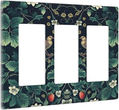 Light Switch Covers Strawberry Birds Flowers Plant Morris Floral 3 Gang Rocker Electrical GFCI Decorative Triple Outlet Wall Plate Cover Switchplate for Bedroom Farmhouse Decor