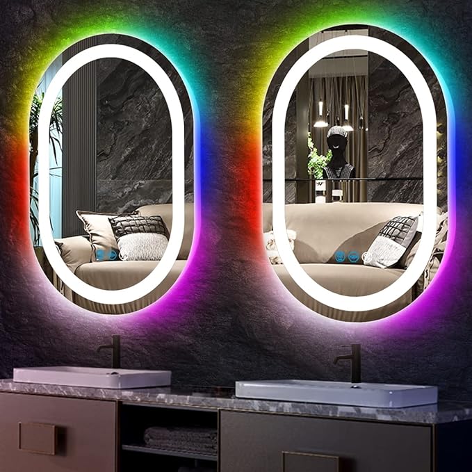 THEKLA 16 x 24 Inch Oval LED Vanity Mirror with Lights Smart Dimmable 3 Color+ Rainbow RGB Color Changing Backlit 24" Oval Lighted Mirror for Bathroom Wall Horizontal/Vertical Mount Anti-Fog