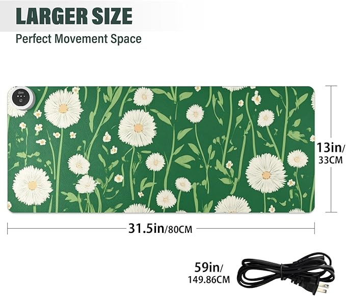 Heated Desk Pad Mouse Pad 31.5x13 Inch PU Leather Desk Mat with 3 Heat Levels Large Mouse Gaming Computer Laptop Mat Green Dandelion and Daisy