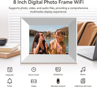 8-Inch Digital Picture Frame with WiFi, Wood Finish Frame Smart Photo Frame HD IPS Touch Screen with 16GB Storage – Easy Photo & Video Sharing from Anywhere – Ideal Gift for Family, White