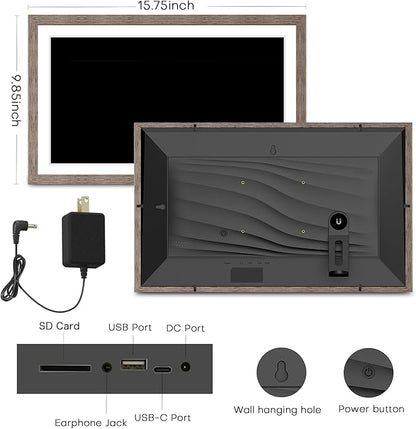 Digital Picture Frame 15.6 Inch, Large WIFI Digital Photo Frame Frameo,Electric Slideshow Frame, 1920 * 1080 IPS FHD Touchscreen, 32GB, Tabletop&Wall-Mounted, Share Video Picture, Wedding Gift, Greige