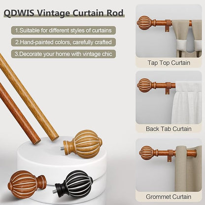 Imitation Wood Curtain Rods for Windows 48 to 84 Inch, 1 Inch Adjustable Heavy Duty Decorative Drapery Rods with Classic Finials, Dark Imitation Wood Window Curtain Pole, Size 36-88''