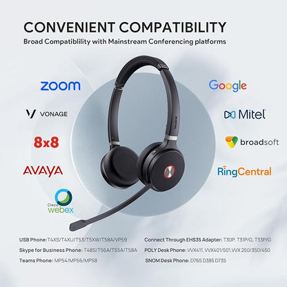 Yealink WH62 Dual UC DECT Wireless Headset, 525 ft Long Range, Work Headphones with Base, 2X Noise Canceling Mic for IP Phone and Computer, Office Headsets Call Control, Ringer,14H Talk Time