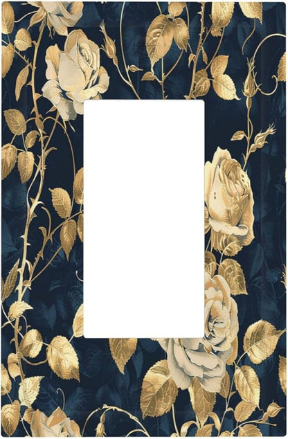 Decorative Outlet Covers Boho Vintage Floral Golden Flower Dark Blue Background 1 Gang Single Rocker Light Switch Cover Plate Wall Plates GFCI Faceplate for Bedroom living Room Decor