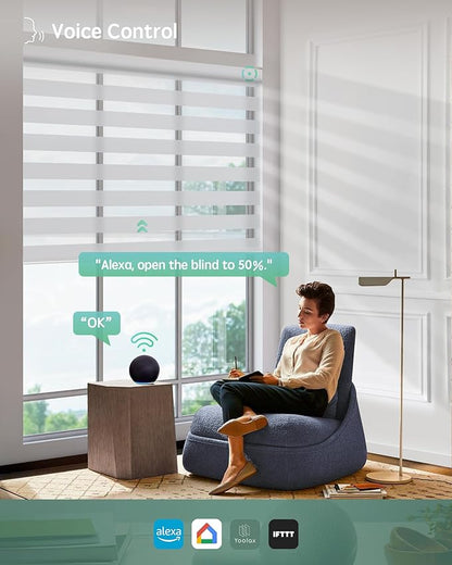 Yoolax Motorized Zebra Blinds Compatible with Alexa,Motorized Blinds with Remote Smart Automatic Custom Electric Window Blinds Cordless Indoor Blackout for Home Bedroom Kitchen (Pearl White)