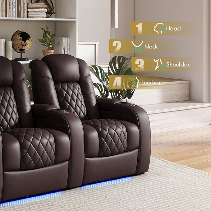 Weilianda Home Theater Seating Top Grain Leather Zero Gravity Recliner Chair Power Headrest Recline Movie Seat Gaming 7 Colors Mood Light Sofa with Tray Table USB Charge Row of 2 Loveseat Brown