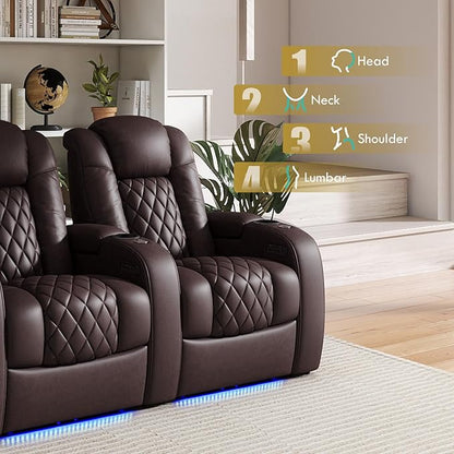 Weilianda Home Theater Seating Top Grain Leather Zero Gravity Recliner Chair Power Headrest Recline Movie Seat Gaming 7 Colors Mood Light Sofa with Tray Table USB Charge Row of 3 Loveseat Right Brown