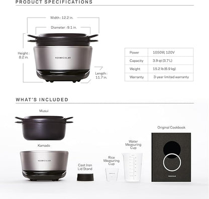 Vermicular Musui–Kamado (RICEPOT) | Cast Iron Induction Cooker | Precision Multicooker | Japanese Rice Cooker | Slow Cooker | Non-Toxic Enameled Cast Iron Pot | Sea Salt | US Model (120V)