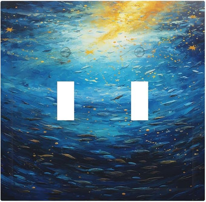 Decorative Switch Plates Dream Ocean Underwater World Fish Shoal 2 Gang Double Toggle Wall Plate Outlet Light Switch Cover Electrical Faceplate for Kids room Nursery Decor