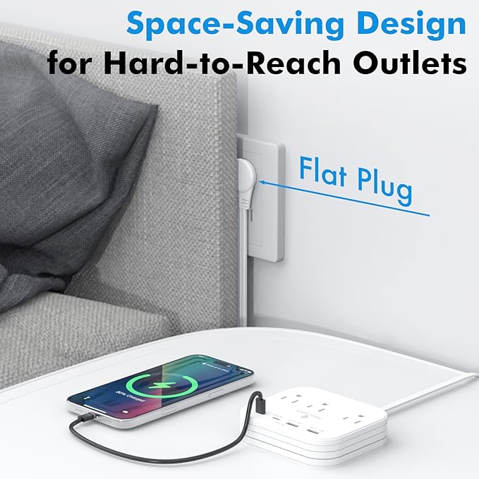 Cruise Essentials Flat Plug Power Strip, Durable 5 ft Extension Cord w/ 3 Outlets Extender & Built-In Type C Cable, 2 USB & 2 USB-C Ports, No Surge Protector for Cruise Travel, Dorm, Home