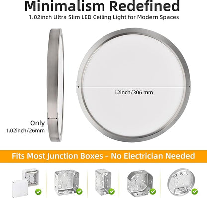 Hlite 6pack 12 inch Flush Mount LED Ceiling Light Fixture,24W 2400LM Super Slim Light Fixtures Ceiling Mount 3000K/4000K/5000K 3CCT Selectable,Light Fixtures for Kitchen,Bedroom (Nickel)