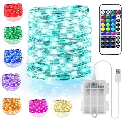 OMIKA 16.4ft 50 LEDs16 Color Battery Operated & USB Powered String Lights, with Remote Timer Waterproof Silver Wire Twinkle Lights for Room Garden Patio Indoor Outdoor Decor(132 Modes)