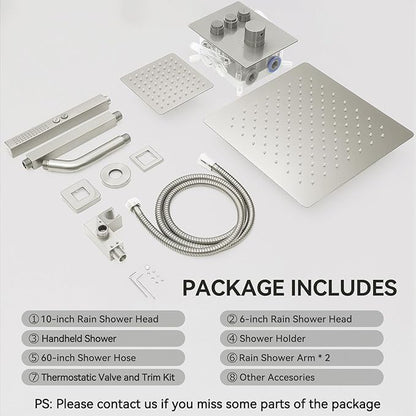 Shower Faucets Sets Brushed Nickel Shower System,12" Ceiling Rainfall Shower and 6" Wall Mount with 2 in 1 Handhled, Can Use All at Once, Thermostatic Shower Set with Valve and Trim Kit