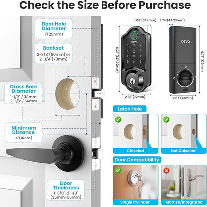 DEVO G8 Smart Lock with Doorbell - 6-in-1 Fingerprint Keyless Entry Deadbolt, Built-in Wi-Fi & APP Control, IP54 Waterproof Auto-Lock for Front Door Security, Easy Install (BHMA Certified)