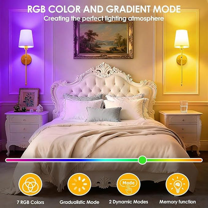 OCATO Battery Operated Wall Sconce: 10000mAh Wireless Wall Sconces Set of Two Rechargeable Lamp Dimmable Magnetic Lights with 7 RGB Colors and Remote Home Decor Walls Decor for Bedroom Living Room