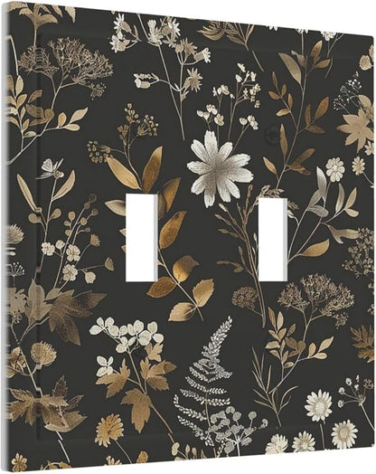 Decorative Switch Plates Black Gold Floral Dark Leaves Vintage Flowers 2 Gang Double Toggle Outlet Light Switch Cover Wall Plate Electrical Faceplate for Bed Room Home Decor