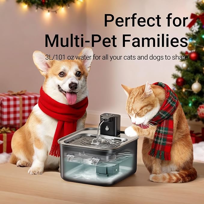 DownyPaws Cat Water Fountain Stainless Steel Wireless, 101 oz/3L FurSink Cordless Water Fountain for Cats, Battery Operated Cat Fountains for Drinking with Motion Sensor, Easy Clean, Black