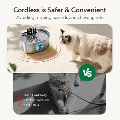 Stainless Steel Cat Water Fountain 108oz/3.2L:Battery Operated Wireless Cat Fountains for Drinking Indoor, Automatic Pet Water Dispenser with Ultra Quiet Pump,Multi-Filtration,Easy Clean BPA-Free