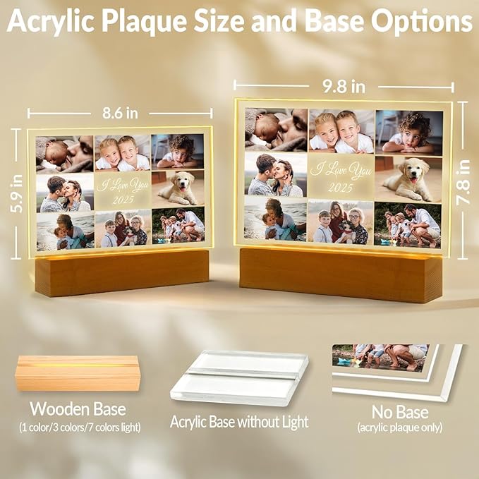 Custom Picture Frame with Photo, Personalized Photo Frame with Night Light, Customized Picture Frames, Personalized Valentines Day Gifts for Women Men Her Him Mom Dad Baby Kid Family Pet