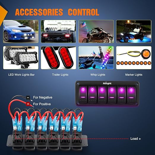 Nilight 6 Gang Rocker Switch Panel with Purple LED Light 5 Pin On Off Pre-Wired Aluminum Toggle Switches Waterproof for 12V/24V Cars Marine Boats ATVs Trailers RV Trucks