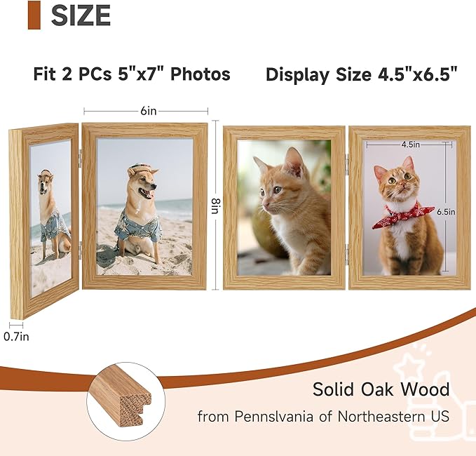 Axeman 5x7 Double Picture Frame - Solid Oak Wood Vertical Hinged 5x7 Photo Frame 2 Opening Folding Family Frames Collage With Real Glass for Tabletop Display, Hanging Hardware Included | Natural