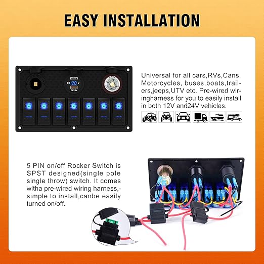 Marine Boat Rocker Switch Panel,Waterproof 5 Gang Toggle Switch Panel with Dual USB and Voltmeter Panel for RVs, Cars, Boats, Trucks,Trailers - 12-24V