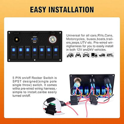 Marine Boat Rocker Switch Panel,Waterproof 5 Gang Toggle Switch Panel with Dual USB and Voltmeter Panel for RVs, Cars, Boats, Trucks,Trailers - 12-24V