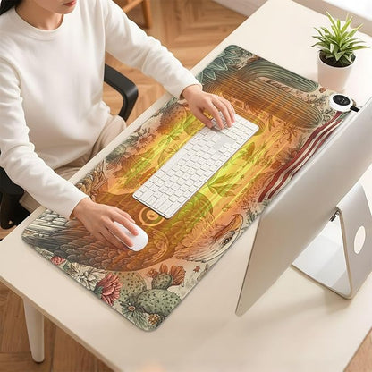 Heated Desk Pad Mouse Pad 31.5x13 Inch PU Leather Desk Mat with 3 Heat Levels Large Mouse Gaming Computer Laptop Mat Retro Mexico American Eagle Cactus Beige