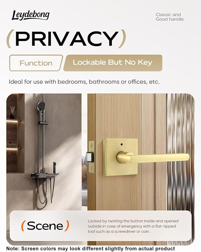 Leydebong 1 Pack Gold Door Handles, Keyless Privacy Door Levers Bed and Bath Leverset Lockset, Universal Handing with Square Door Knobs, Satin Brass Finish