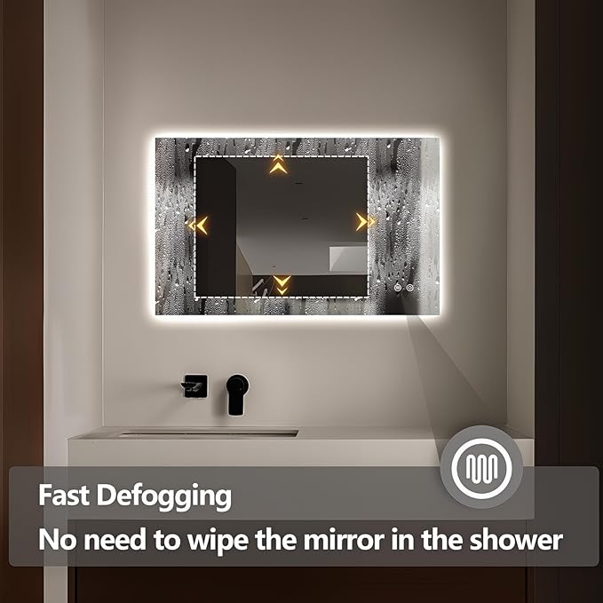 Niccy Led Mirror for Bathroom, 32"x20" Frameless Backlit Mirror for Wall Lighted Mirror with Bedroom 3 Color, Defogger, Explosion-Proof, HD Glass and IP65 Vanity Mirror Horizontal or Vertical
