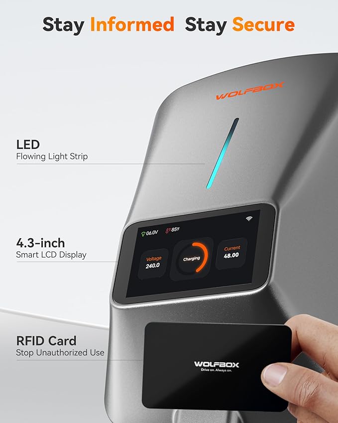 WOLFBOX Level 2 EV Charger 48 Amp - Smart Display, RFID Card, 25ft Cable, Outdoor/Indoor, Hardwired EV Charger Level 2, WiFi Enabled Electric Car Chargeing, 240V Electric Vehicle Charging Stations