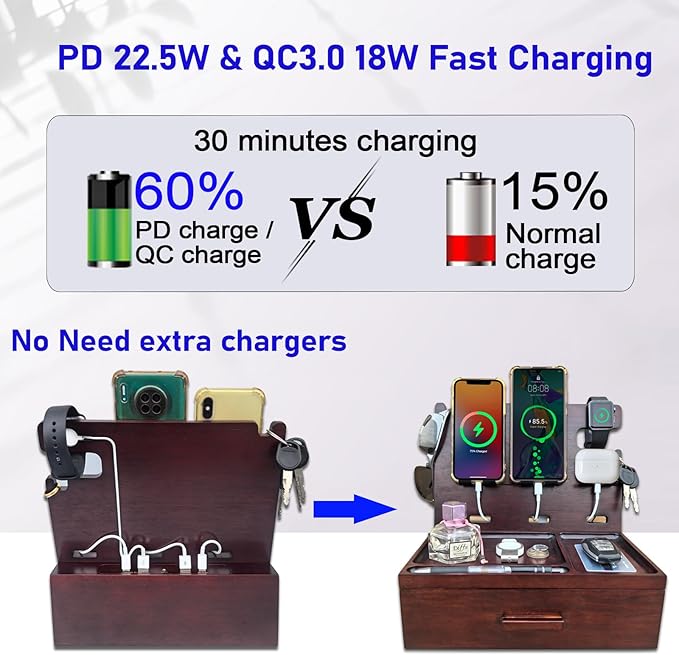 Wood Phone Docking Station with Drawer Nightstand Organizer Charging Station with 4 USB Charger Fast Charging for Dual Phone Apple Android Phones Anniversary Birthday Gifts for Men Dad Hunsband Mom