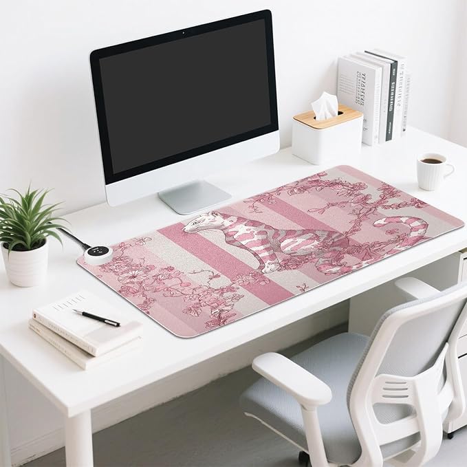 Heated Desk Pad Mouse Pad 31.5x13 Inch PU Leather Desk Mat with 3 Heat Levels Large Mouse Gaming Computer Laptop Mat Pink Leopard Stripes Floral