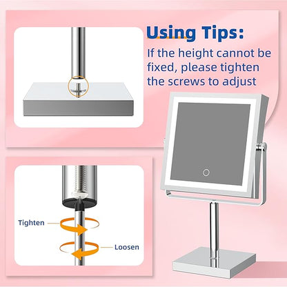 Ruacq Rechargeable Makeup Mirror, 4000mAh Lighted Makeup Mirror with Magnification 1X/10X, Height Adjustable Vanity Mirror with Lights, 3 Color Lights, Adjustable Brightness, 360°Rotation (Chrome)