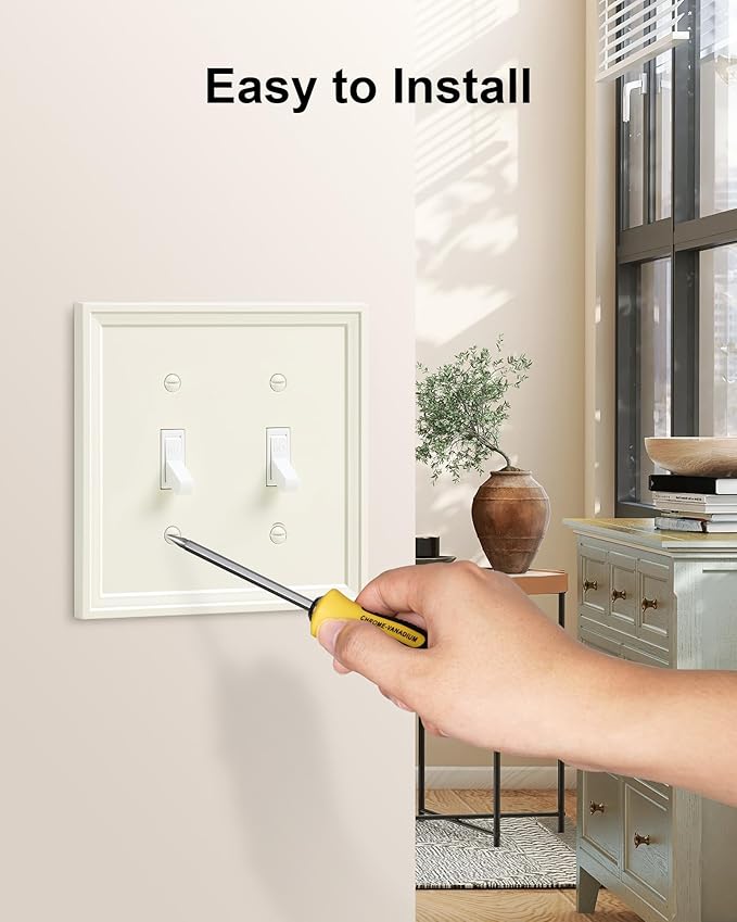 2-Pack Double Toggle Light Switch Cover Plate, Light Almond Decorative Dual Switch Plate Covers, Natural Bamboo Fiber 2 Gang Wall Plate, Corrosion Resistant