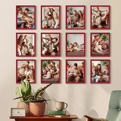 Renditions Gallery Set of 12, 11X14 Custom Photo Prints with Real Wood Picture Frames. Create Personalized Photos with Peel & Stick Photo Frames. Red Frame