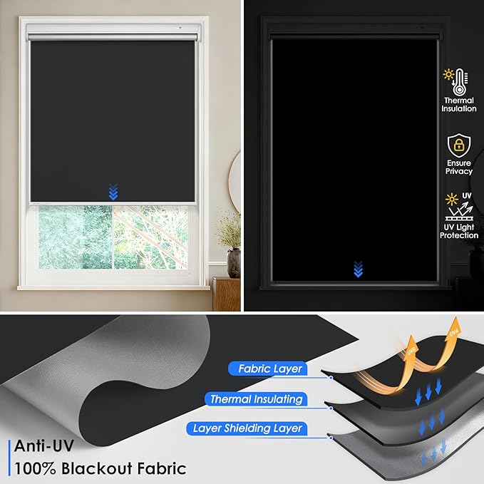Motorized Roller Blinds with Remote Control & Solar Panel - 100% Blackout Smart Blinds, Automatic, Cordless, Electric Shades - Compatible with Alexa - Grey, 36" W x 72" H