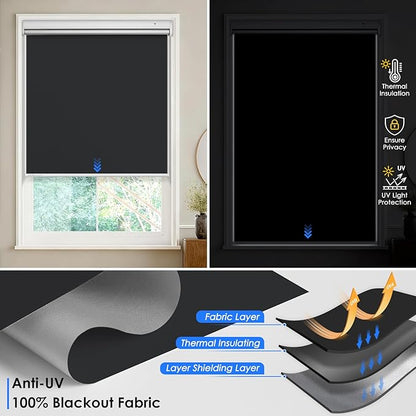 Motorized Roller Blinds with Remote Control & Solar Panel - 100% Blackout Smart Blinds, Automatic, Cordless, Electric Shades - Compatible with Alexa - Black, 46" W x 72" H