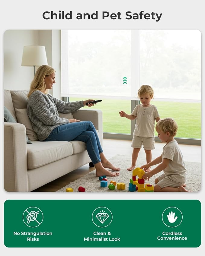 Allesin Motorized Roller Blinds – Rechargeable Smart Shades with Remote & Quiet Motor, Top/Bottom Aluminum Rails, Alexa-Compatible for Window (Custom Size, Light Filtering Seashell-Textured)