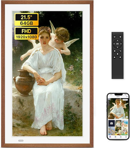 Uhale 21.5" Large Digital Picture Frame with Remote Control, 1920 x 1080 FHD IPS Display Wood WiFi Photo Frames 64GB, Wall Mounted, Auto Rotate, Support USB and SD Card, Instantly Share Photos Videos