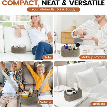 G GOOD GAIN Couch Cup Holder Pillow - Sofa & Bed Organizer Caddy for Drinks, Phones, Remotes, Snacks | Portable Tray for Car, Boat, RV, Picnic,Lightbrown