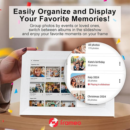 Frameo 10.1 Inch Smart WiFi Digital Photo Frame,Digital Picture Frame Wi-Fi with 32GB Storage & SD Slot, Electronic Picture Frame IPS Touch Screen with Auto-Rotate, Frameo Digital Frame WiFi -White